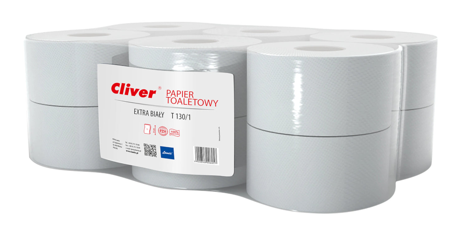 Papier toaletowy Cliver Standard JUMBO biały mak. 19cm 130m 12szt.