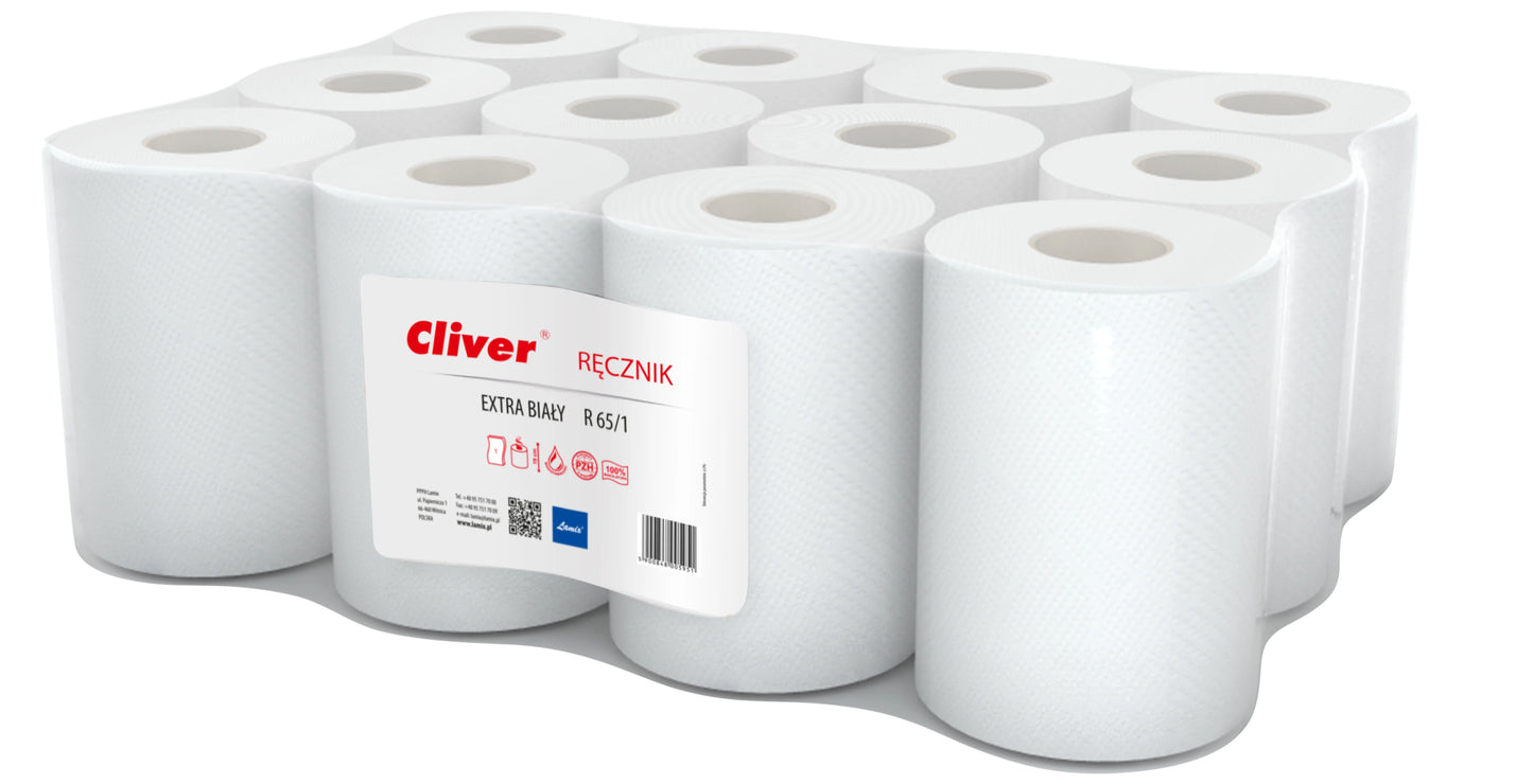 Ręcznik Cliver Standard MINI 1-warstw. 65m extra biały makulat. śr.14cm 12szt.